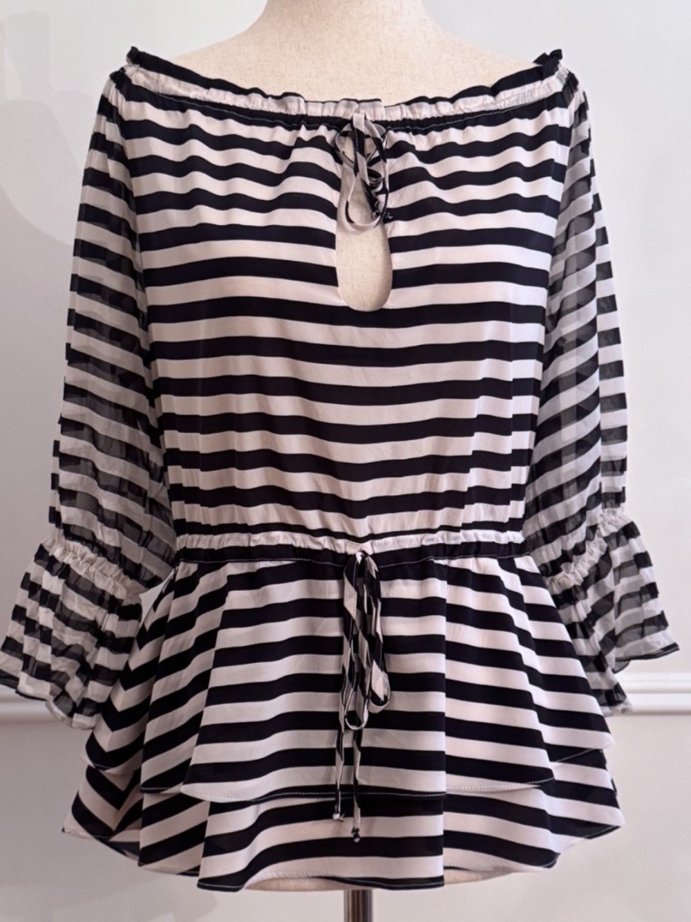 Alice + Olivia Silk Striped Off Shoulder Peplum Top Navy Sz S
